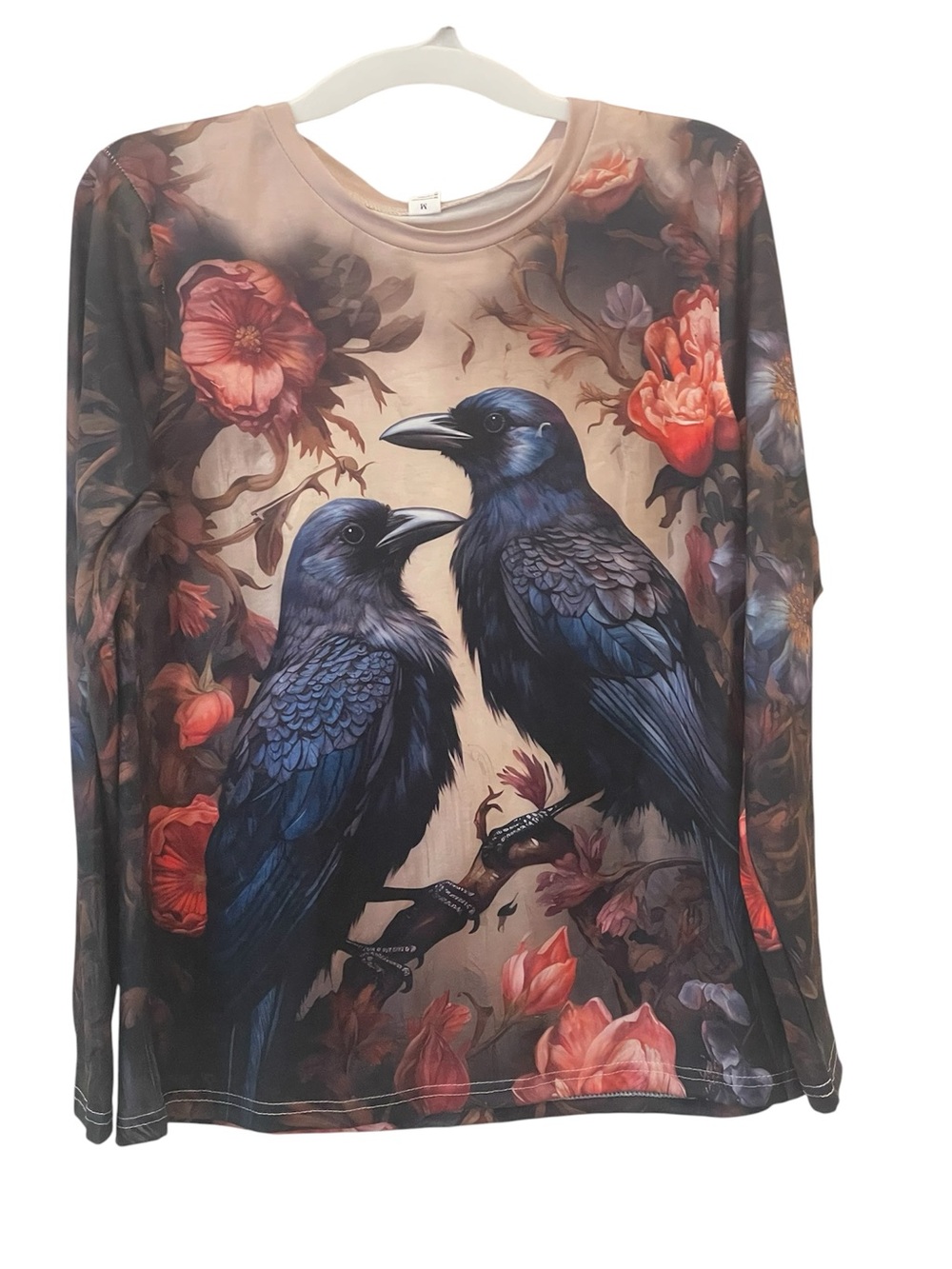 Mysterious moody ravens with floral background stretchy long sleeve tee NWOT